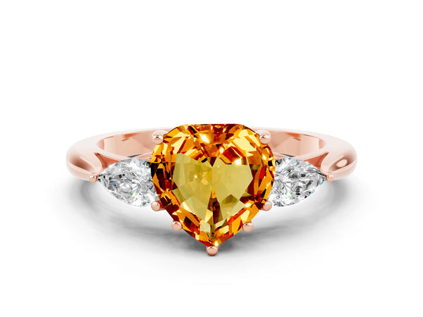 Rose gold Three-Stone Heart Cut Citrine Ring with Pear  Side Stones in Four-Prong Setting