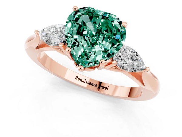 Rose gold Three-Stone Heart Cut Green Sapphire Ring with Pear  Side Stones in Four-Prong Setting