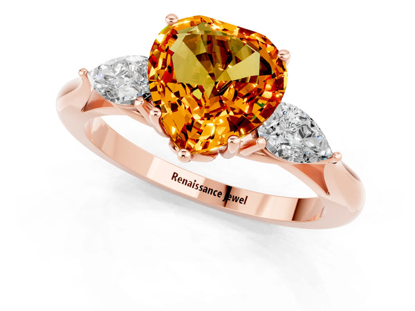 Rose gold Three-Stone Heart Cut Citrine Ring with Pear  Side Stones in Four-Prong Setting