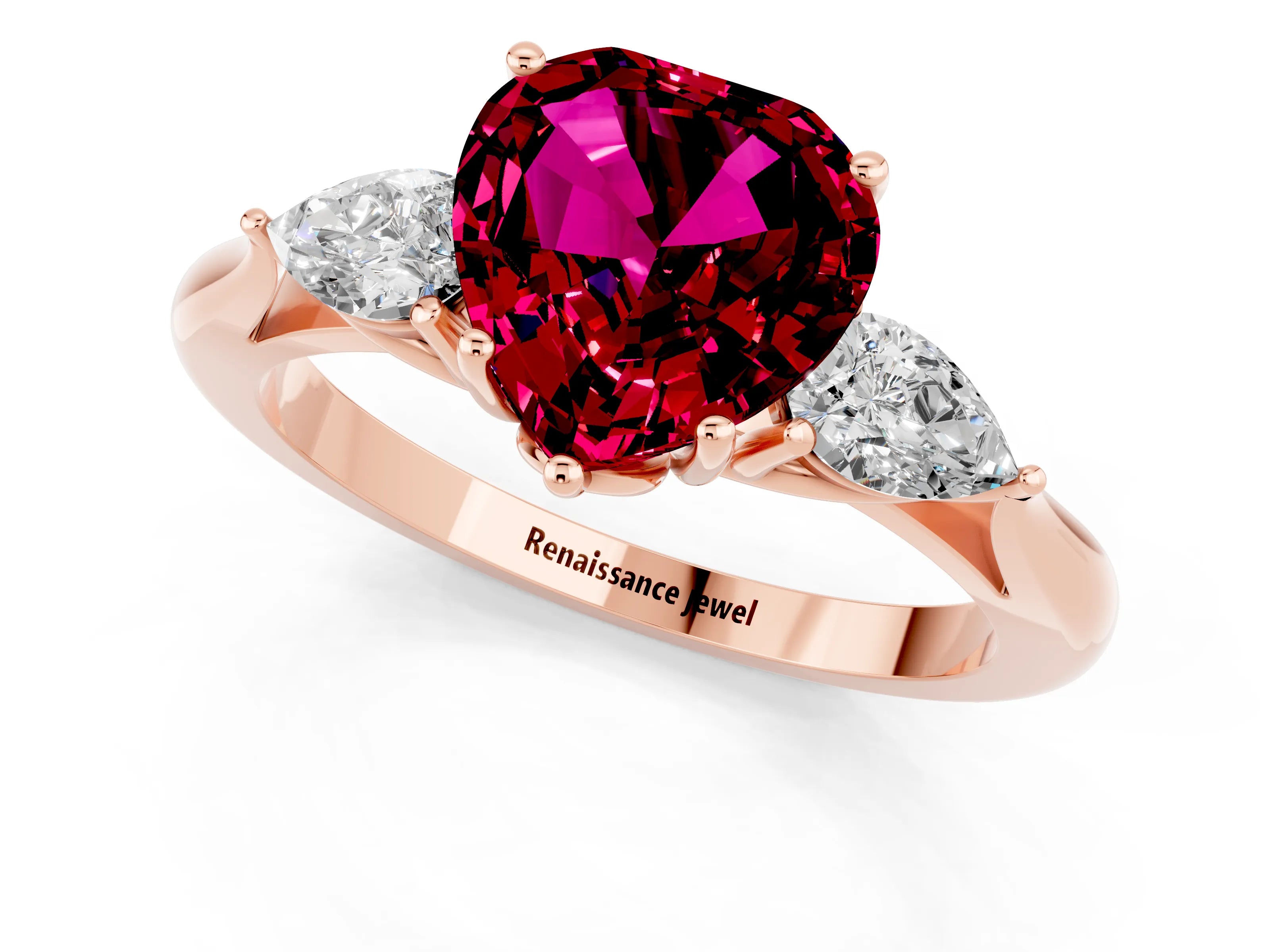 Rose gold Three-Stone Heart Cut Cut Diamond Ring with Pear Side Stones in Four-Prong Setting_1