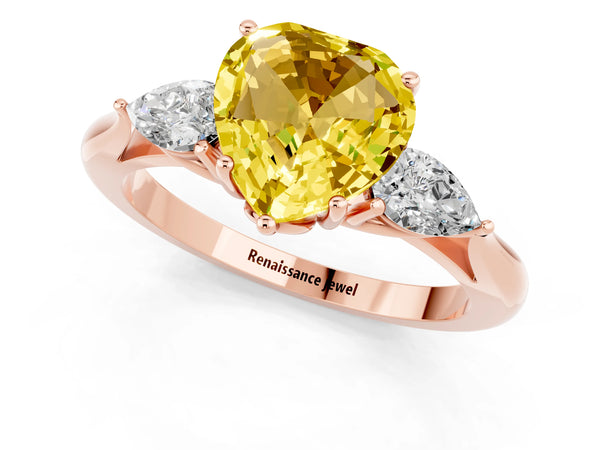 Rose gold Three-Stone Heart Cut Yellow Sapphire Ring with Pear  Side Stones in Four-Prong Setting