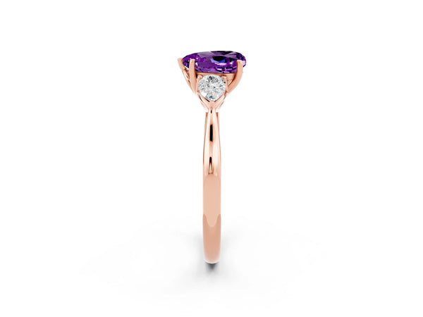 Rose gold Three-Stone Heart Cut Amethyst Ring with Pear  Side Stones in Four-Prong Setting