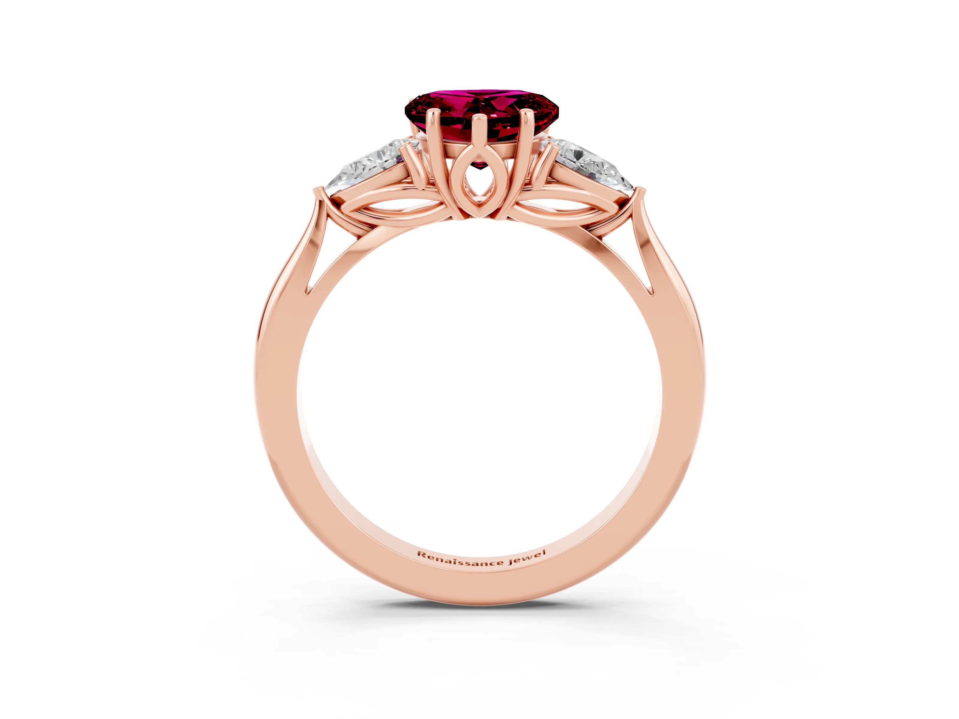 Rose gold Three-Stone Heart Cut Cut Diamond Ring with Pear Side Stones in Four-Prong Setting_3
