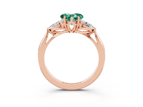 Rose gold Three-Stone Heart Cut Green Sapphire Ring with Pear  Side Stones in Four-Prong Setting