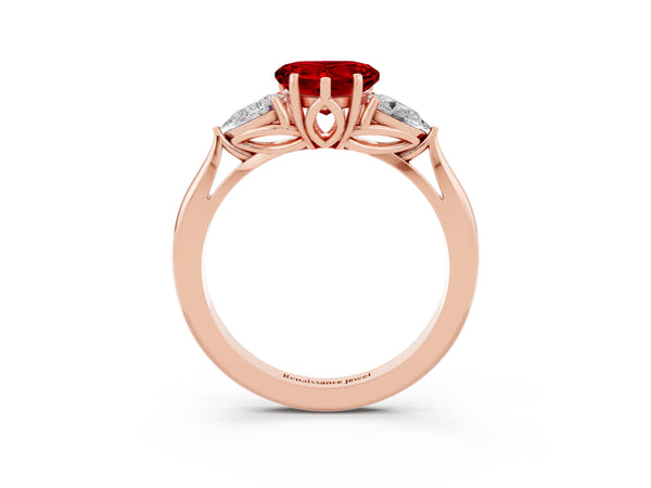 Rose gold Three-Stone Heart Cut Cut Diamond Ring with Pear Side Stones in Four-Prong Setting