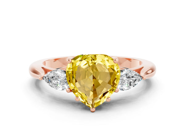 Rose gold Three-Stone Heart Cut Yellow Sapphire Ring with Pear  Side Stones in Four-Prong Setting