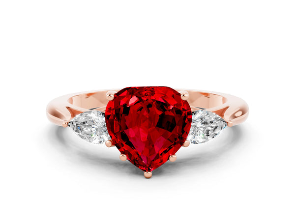 Rose gold Three-Stone Heart Cut Cut Diamond Ring with Pear Side Stones in Four-Prong Setting