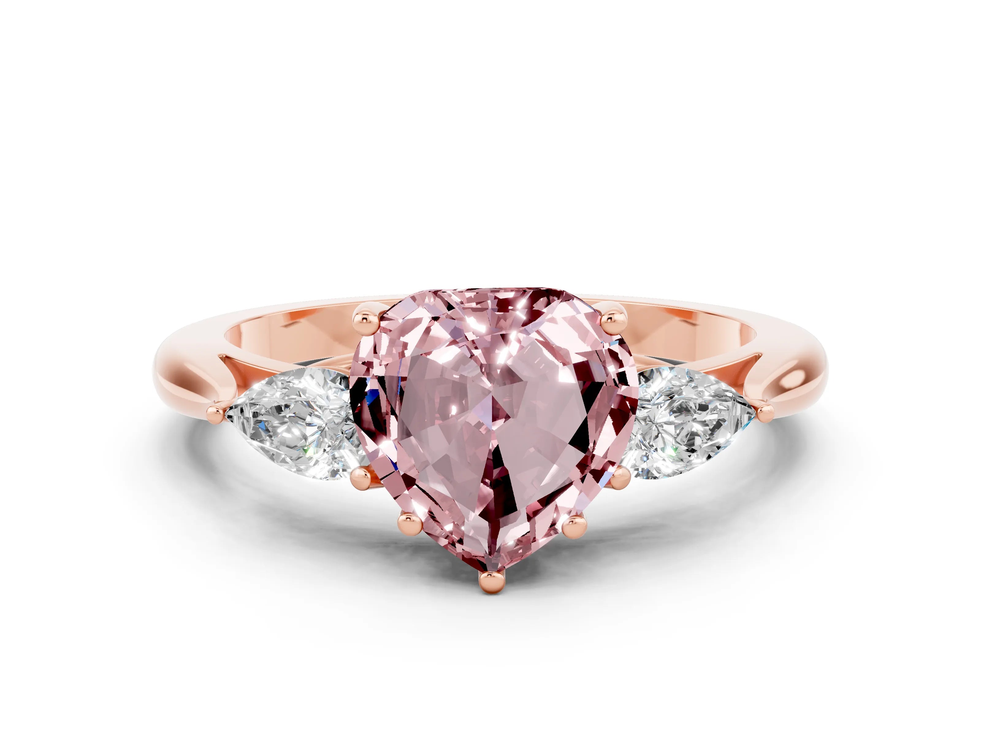 Rose gold Three-Stone Heart Cut Cut Diamond Ring with Pear Side Stones in Four-Prong Setting