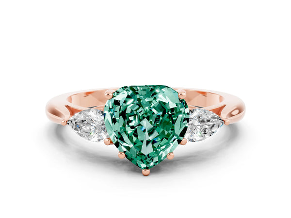 Rose gold Three-Stone Heart Cut Green Sapphire Ring with Pear  Side Stones in Four-Prong Setting