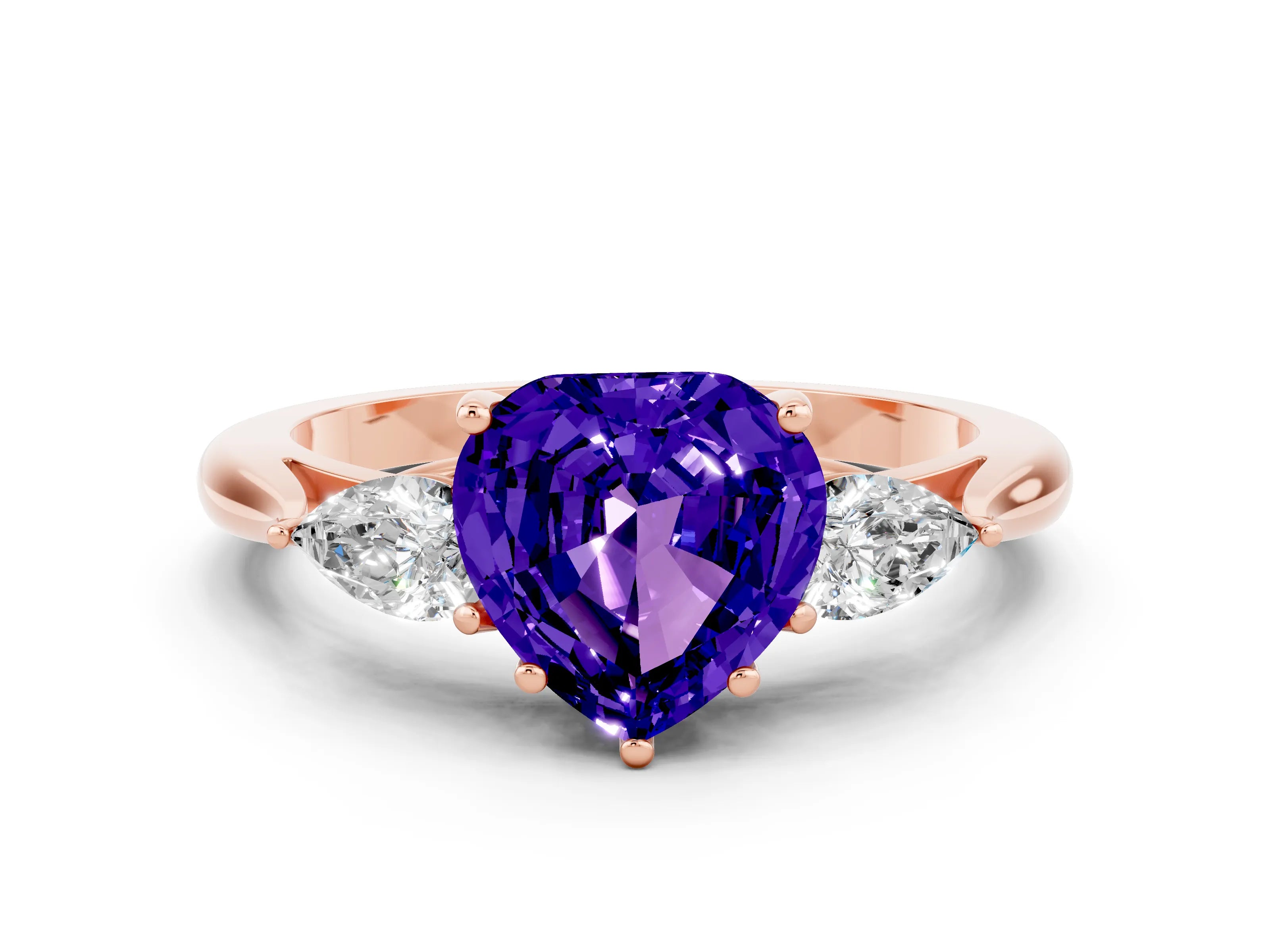 Rose gold Three-Stone Heart Cut Cut Diamond Ring with Pear Side Stones in Four-Prong Setting