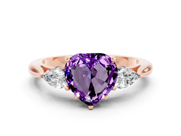 Rose gold Three-Stone Heart Cut Amethyst Ring with Pear  Side Stones in Four-Prong Setting