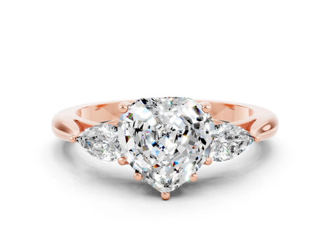 Rose gold Three-Stone Heart Cut Cut Diamond Ring with Pear Side Stones in Four-Prong Setting