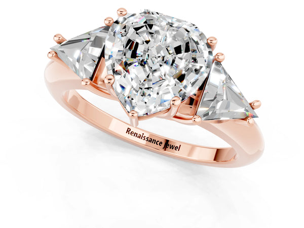 Rose gold Three-Stone Heart Cut Moissanite Engagement Ring with Trillion Side Stones and Prong Setting