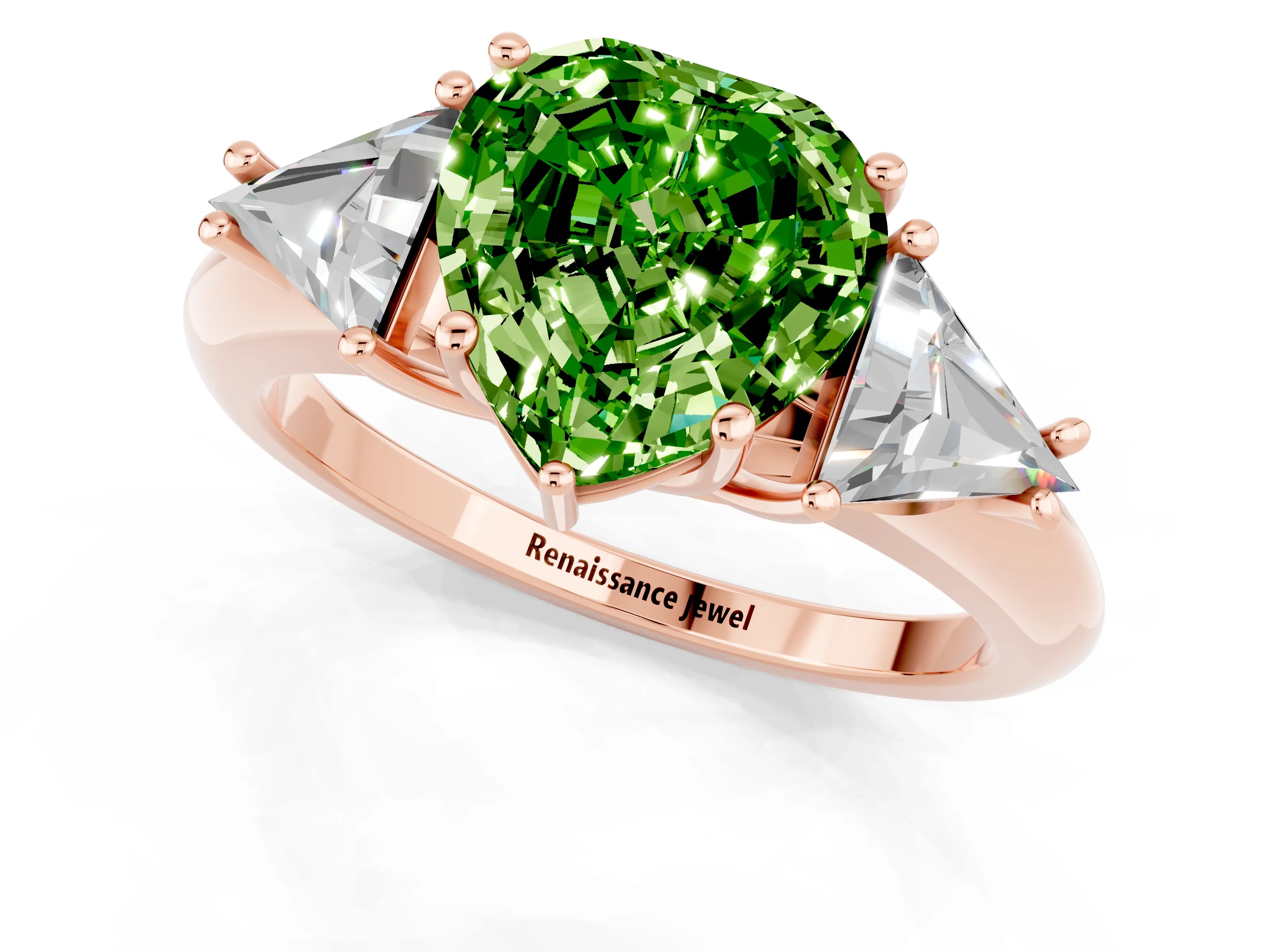 Rose gold Three-Stone Heart Cut Cut Diamond Ring with Trillion Side Stones and Four-Prong Setting_1