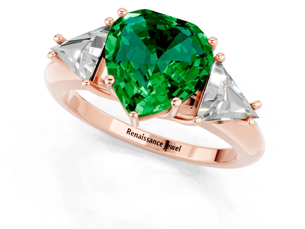 Rose gold Three-Stone Heart Cut Emerald Engagement Ring with Trillion Side Stones and Prong Setting