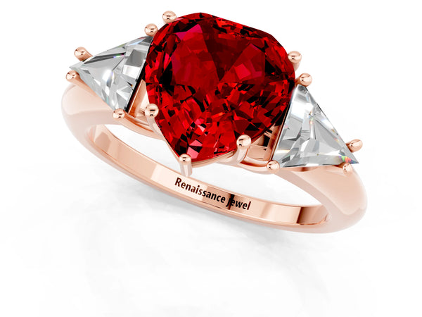 Rose gold Three-Stone Heart Cut Cut Diamond Ring with Trillion Side Stones and Four-Prong Setting