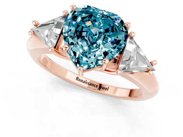 Rose gold Three-Stone Heart Cut Cut Diamond Ring with Trillion Side Stones and Four-Prong Setting