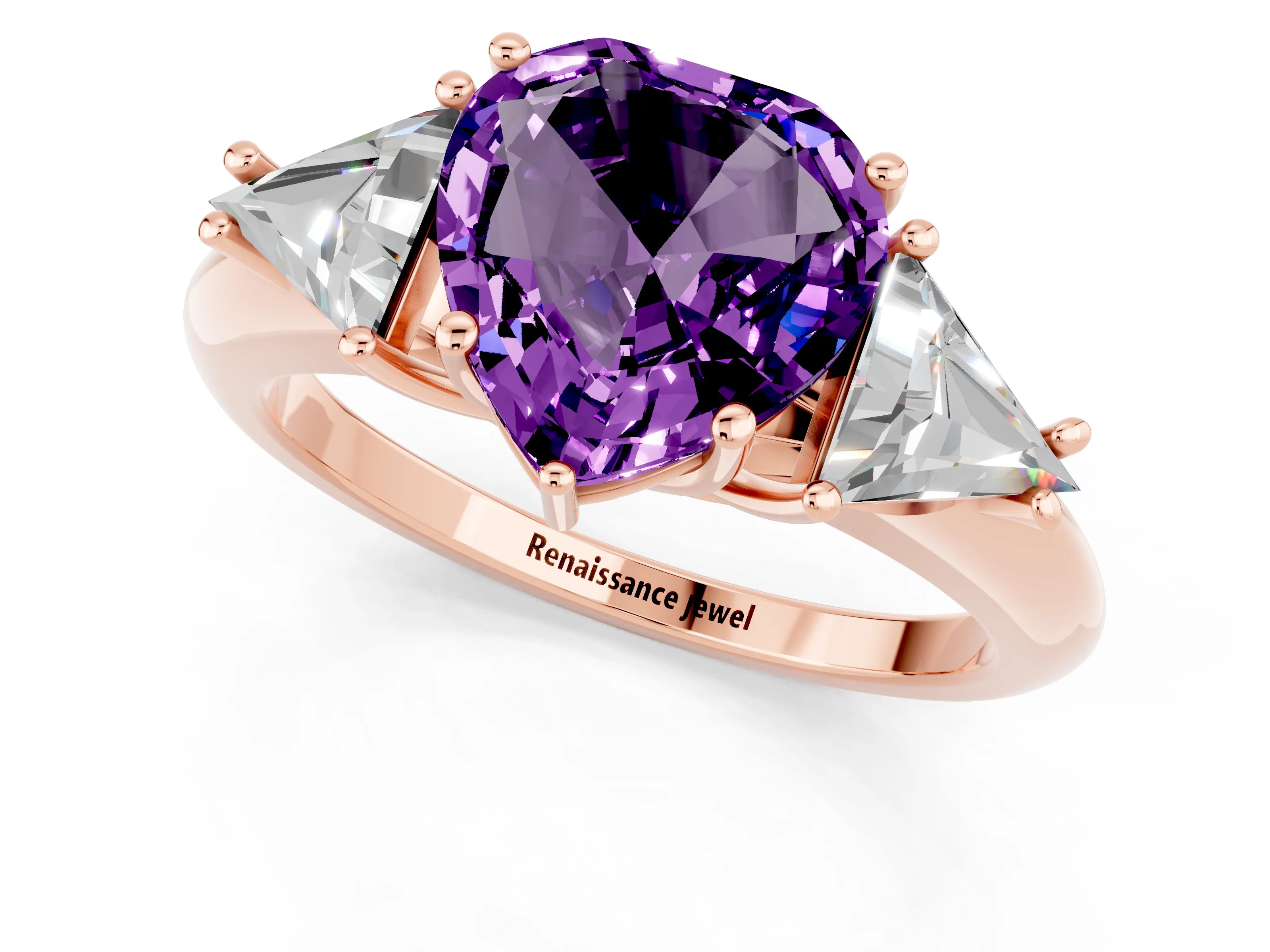 Rose gold Three-Stone Heart Cut Cut Diamond Ring with Trillion Side Stones and Four-Prong Setting_1