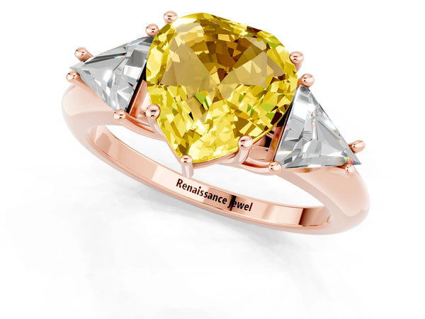 Rose gold Three-Stone Heart Cut Yellow Sapphire Engagement Ring with Trillion Side Stones and Prong Setting