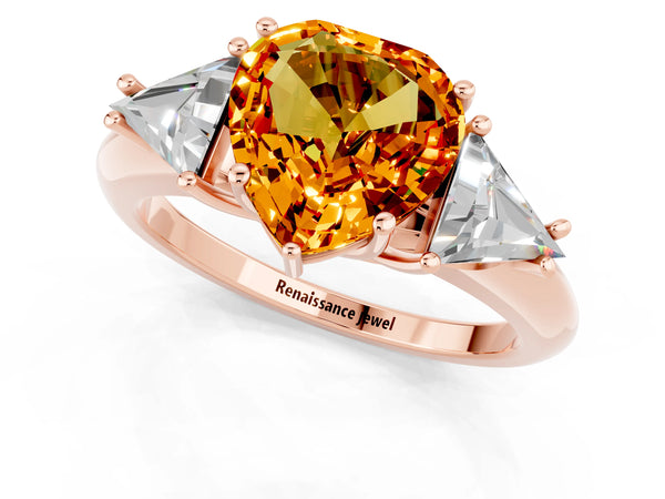 Rose gold Three-Stone Heart Cut Citrine Engagement Ring with Trillion Side Stones and Prong Setting