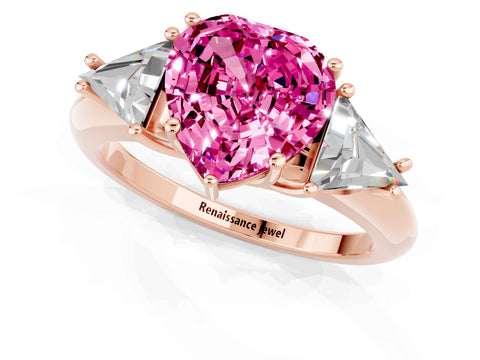 Rose gold Three-Stone Heart Cut Cut Diamond Ring with Trillion Side Stones and Four-Prong Setting_1