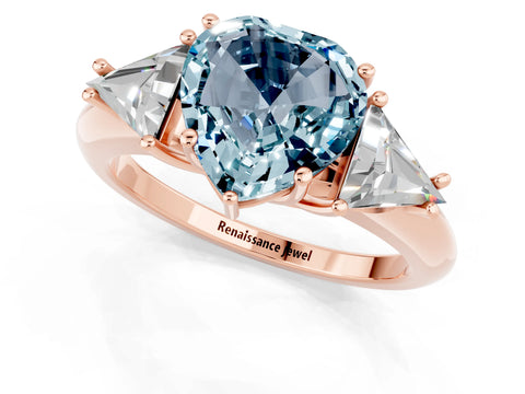 Rose gold Three-Stone Heart Cut Cut Diamond Ring with Trillion Side Stones and Four-Prong Setting_1