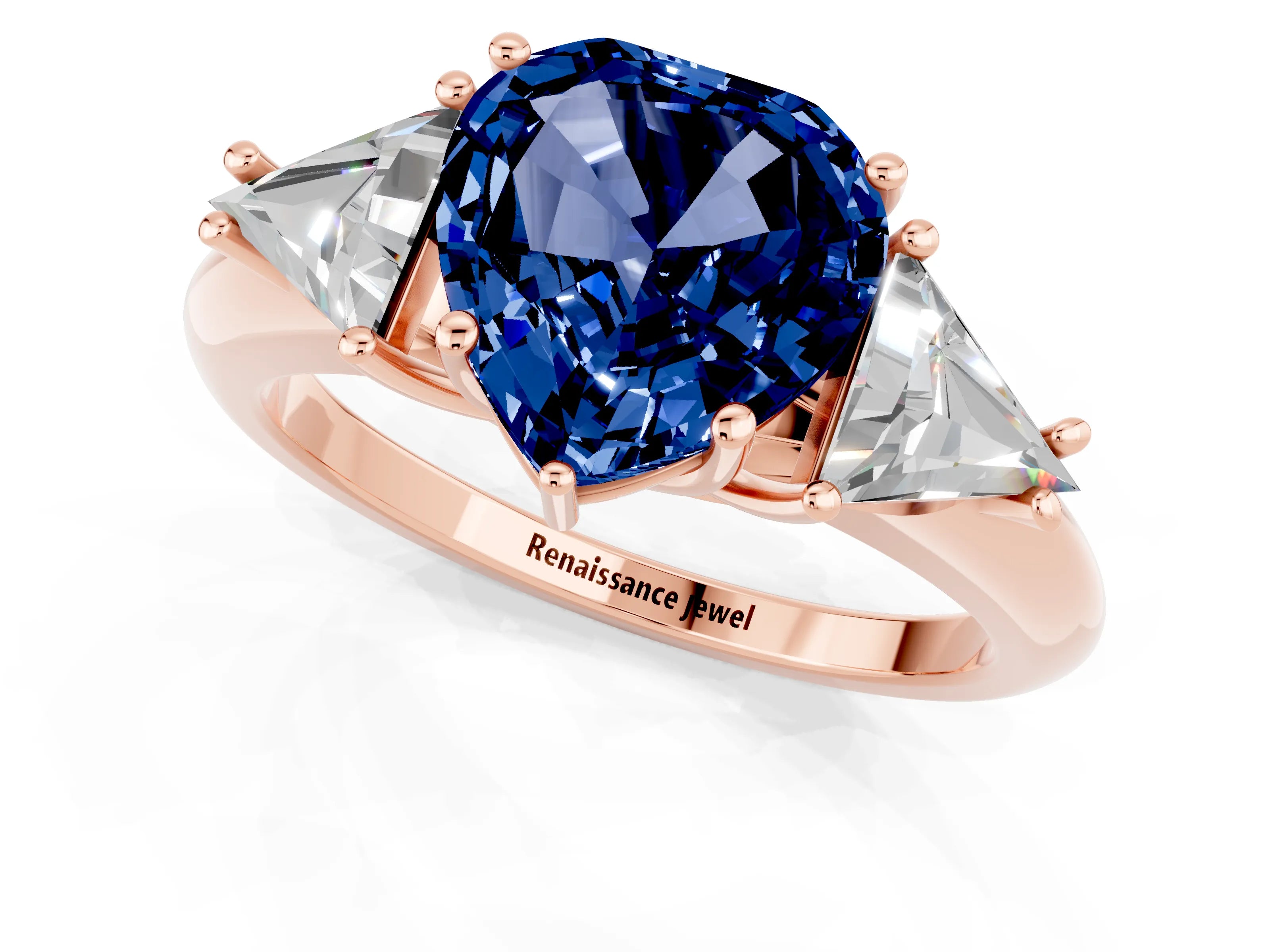 Rose gold Three-Stone Heart Cut Cut Diamond Ring with Trillion Side Stones and Four-Prong Setting_1