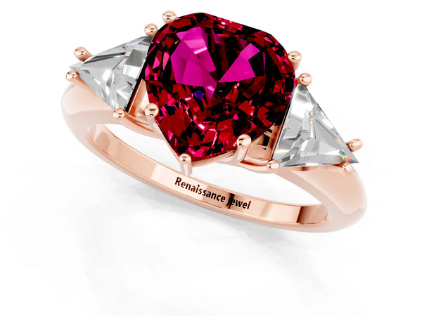 Rose gold Three-Stone Heart Cut Garnet Engagement Ring with Trillion Side Stones and Prong Setting