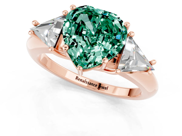 Rose gold Three-Stone Heart Cut Green Sapphire Engagement Ring with Trillion Side Stones and Prong Setting