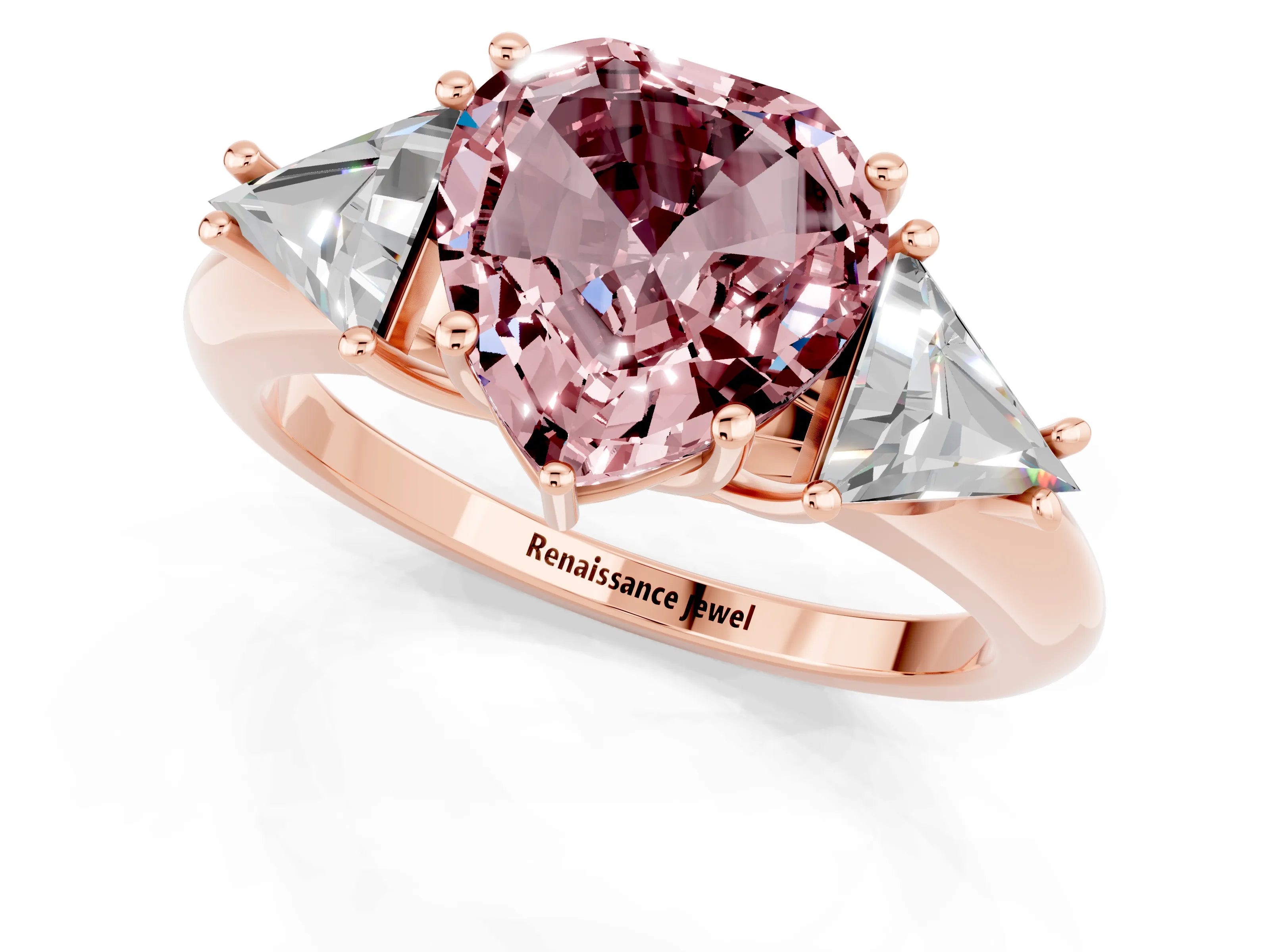 Rose gold Three-Stone Heart Cut Cut Diamond Ring with Trillion Side Stones and Four-Prong Setting_1
