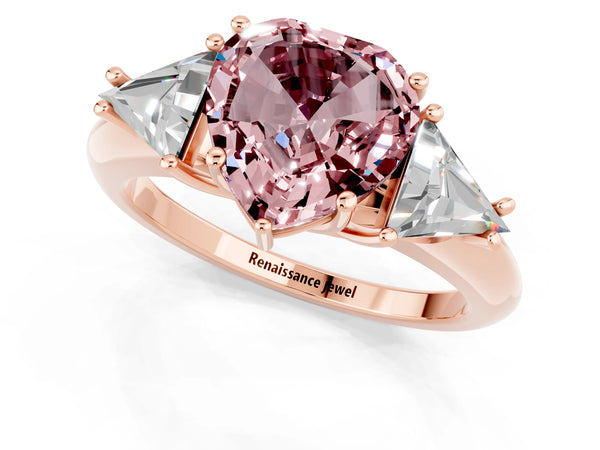 Rose gold Three-Stone Heart Cut Cut Diamond Ring with Trillion Side Stones and Four-Prong Setting