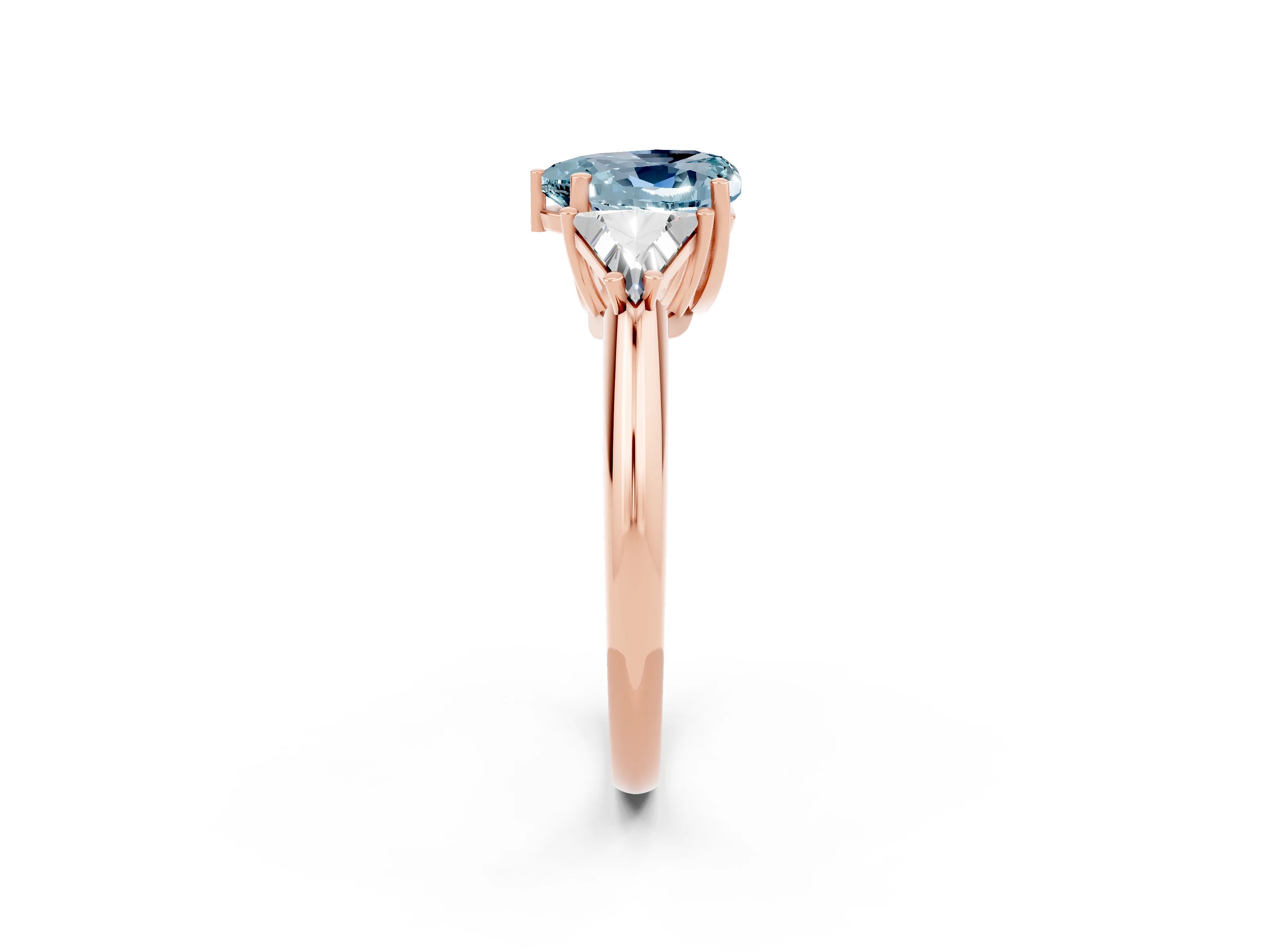 Rose gold Three-Stone Heart Cut Cut Diamond Ring with Trillion Side Stones and Four-Prong Setting_2