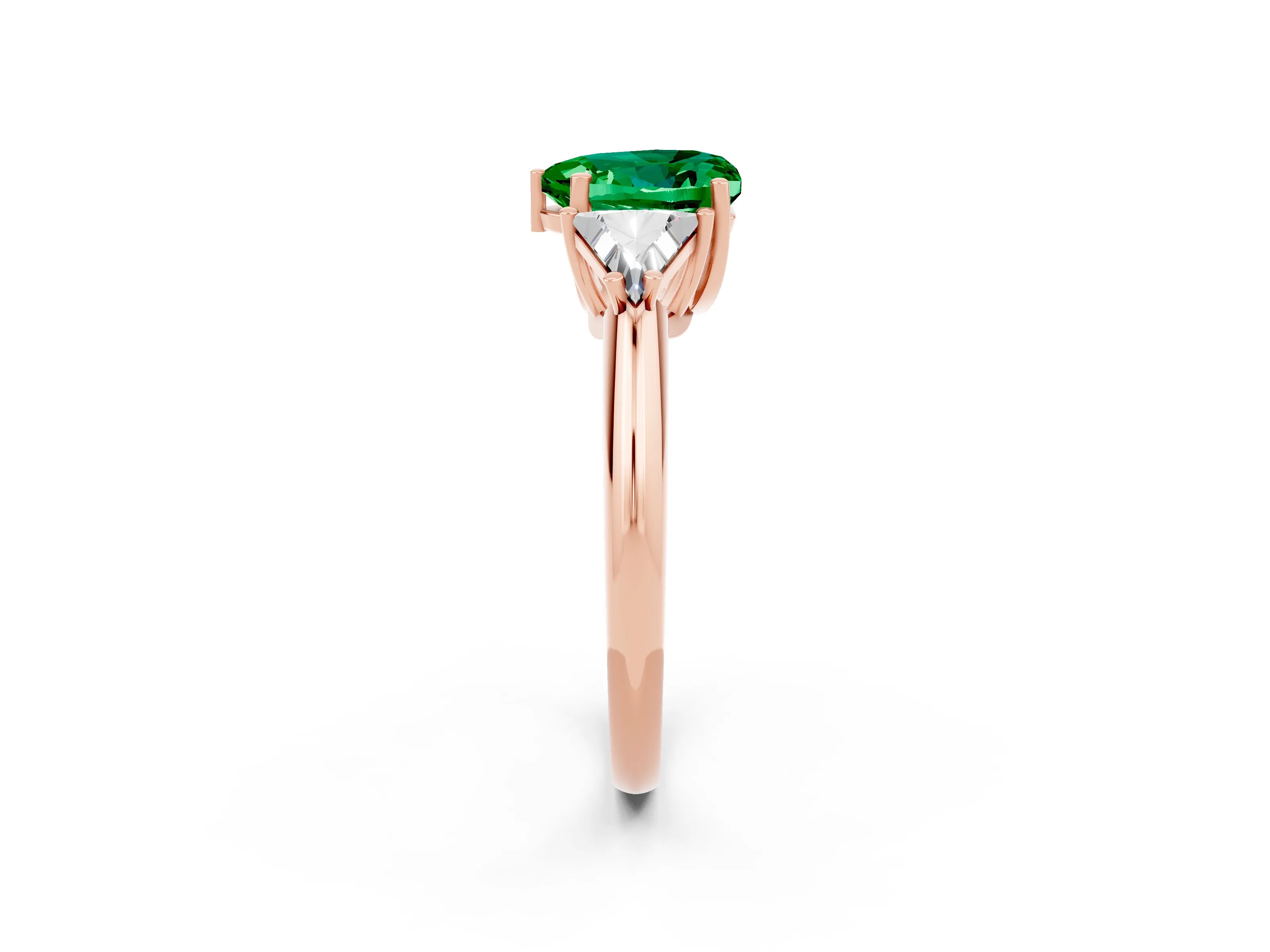 Rose gold Three-Stone Heart Cut Cut Diamond Ring with Trillion Side Stones and Four-Prong Setting_2