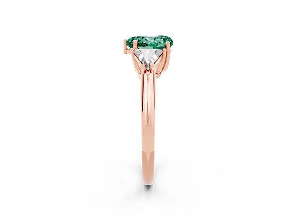 Rose gold Three-Stone Heart Cut Green Sapphire Engagement Ring with Trillion Side Stones and Prong Setting