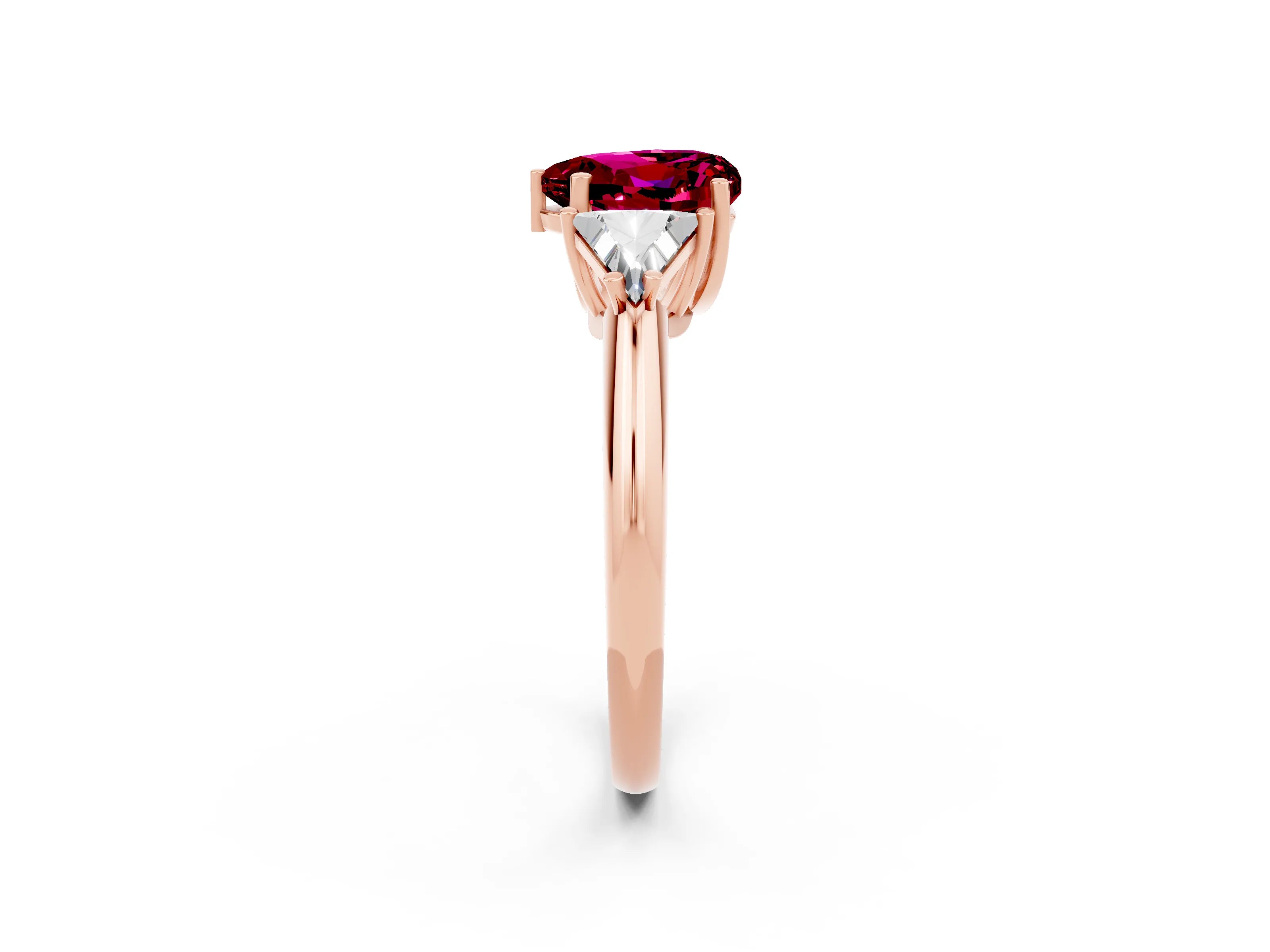 Rose gold Three-Stone Heart Cut Cut Diamond Ring with Trillion Side Stones and Four-Prong Setting_2