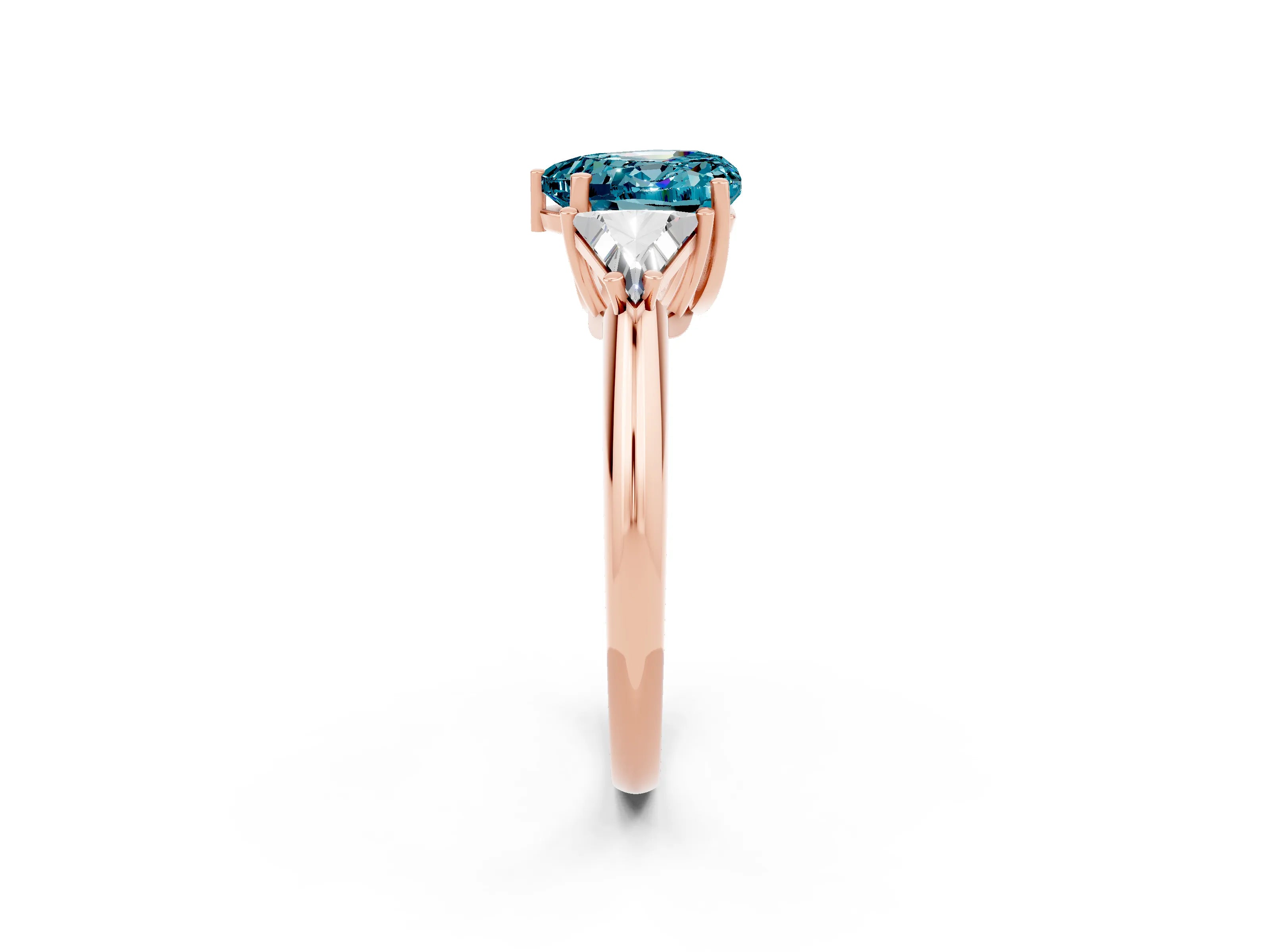 Rose gold Three-Stone Heart Cut Cut Diamond Ring with Trillion Side Stones and Four-Prong Setting_2