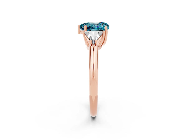 Rose gold Three-Stone Heart Cut Cut Diamond Ring with Trillion Side Stones and Four-Prong Setting