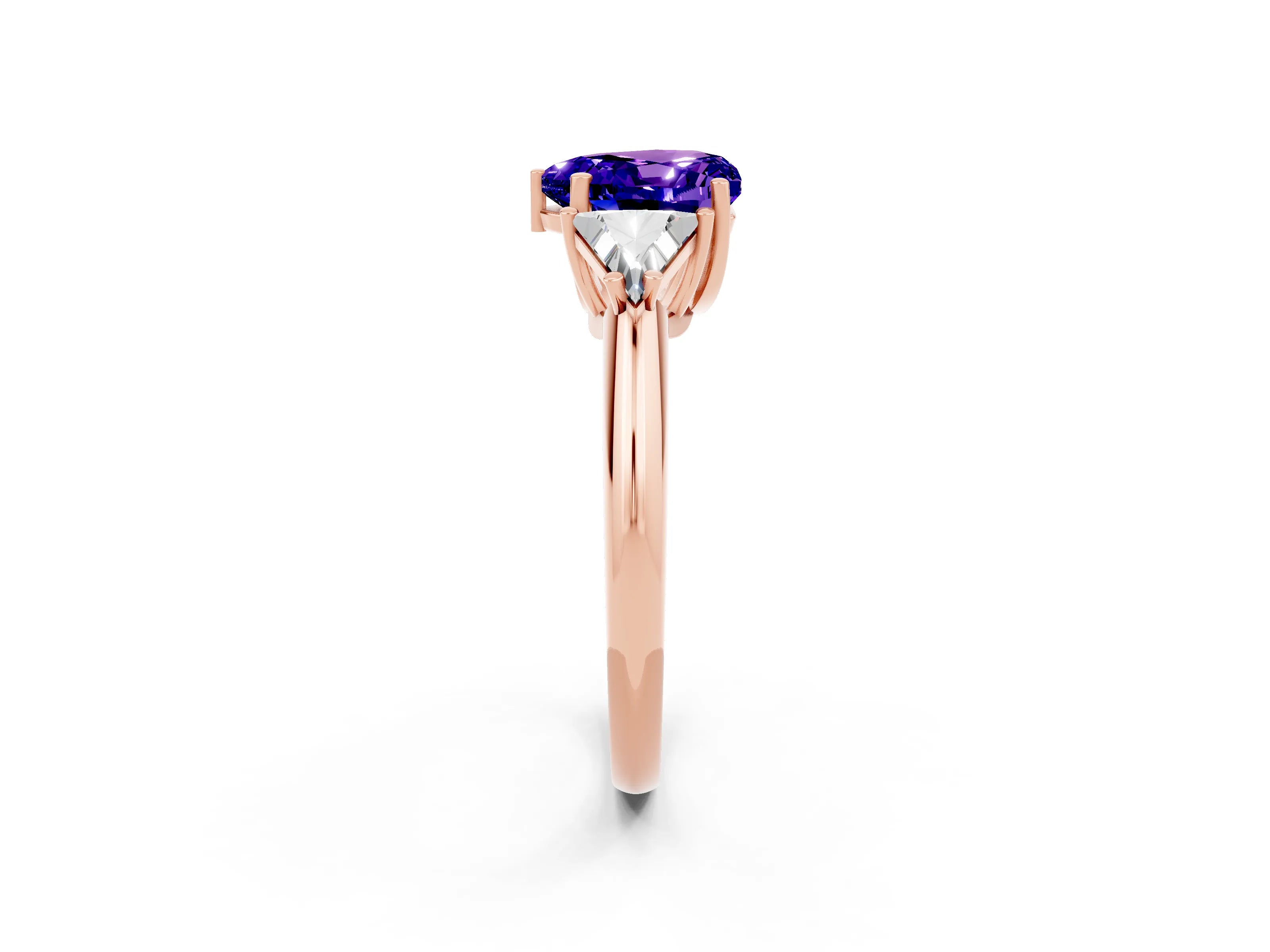 Rose gold Three-Stone Heart Cut Cut Diamond Ring with Trillion Side Stones and Four-Prong Setting_2