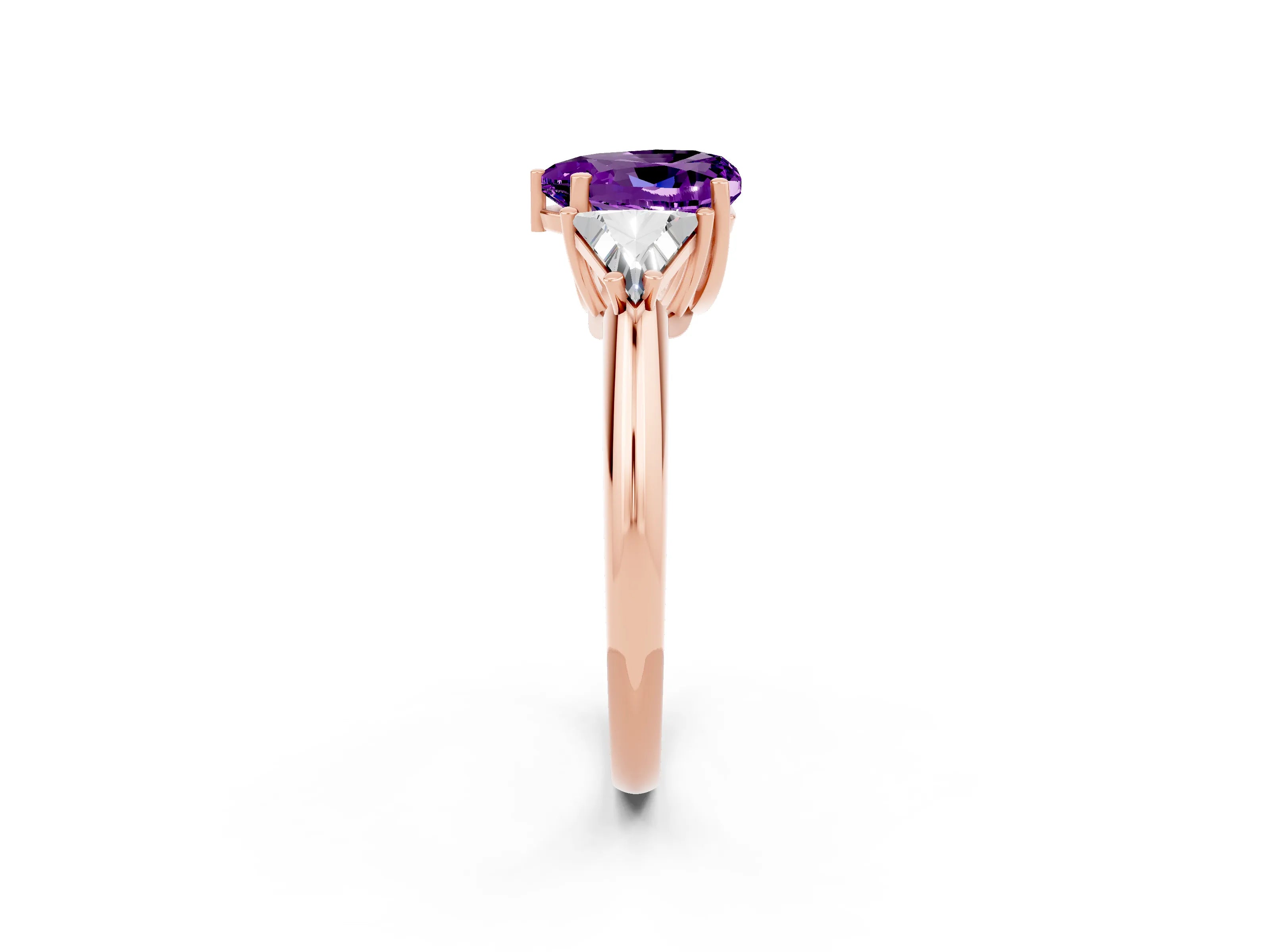 Rose gold Three-Stone Heart Cut Cut Diamond Ring with Trillion Side Stones and Four-Prong Setting_2