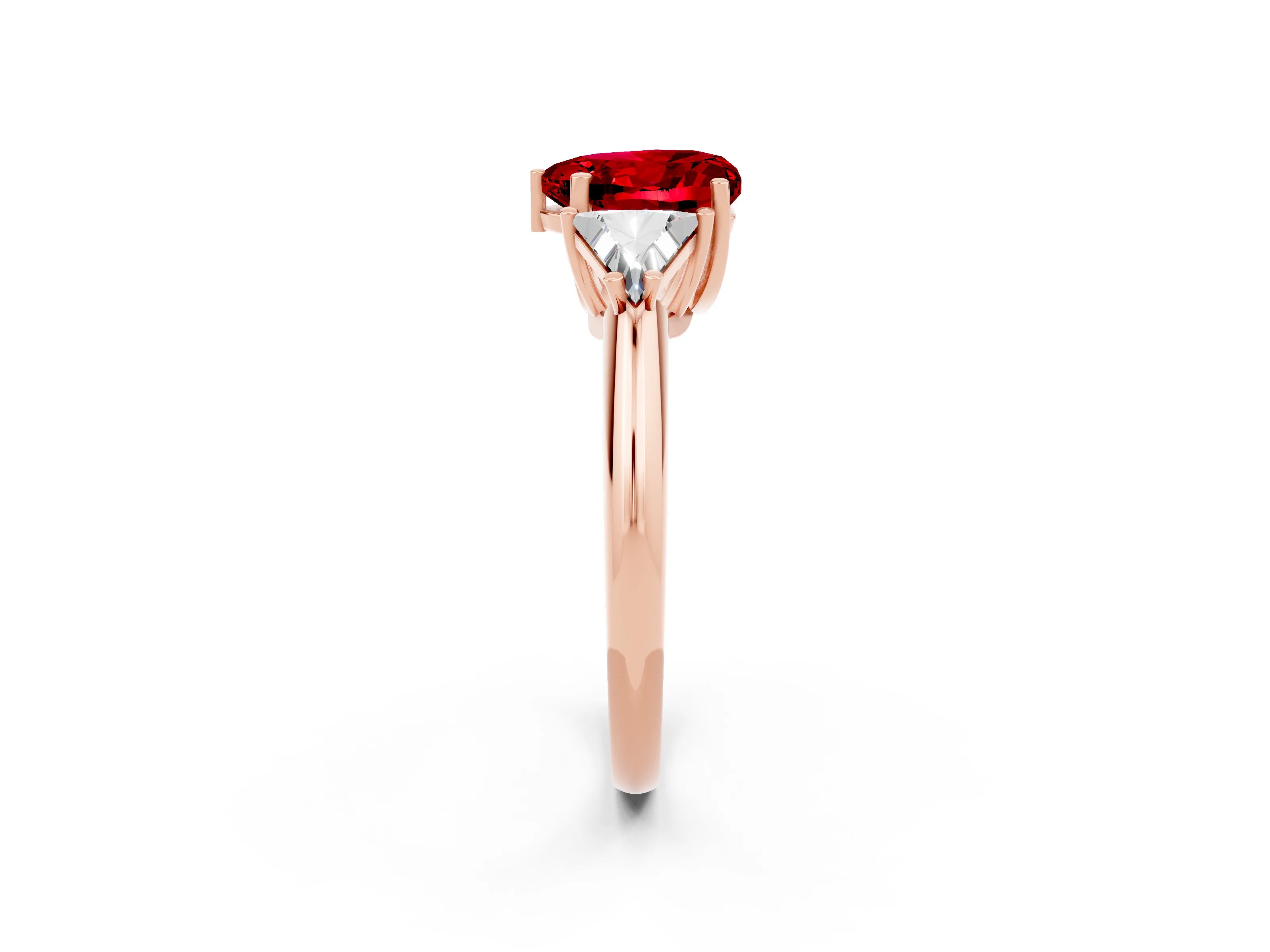 Rose gold Three-Stone Heart Cut Cut Diamond Ring with Trillion Side Stones and Four-Prong Setting_2