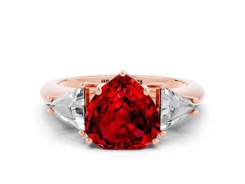 Rose gold Three-Stone Heart Cut Cut Diamond Ring with Trillion Side Stones and Four-Prong Setting