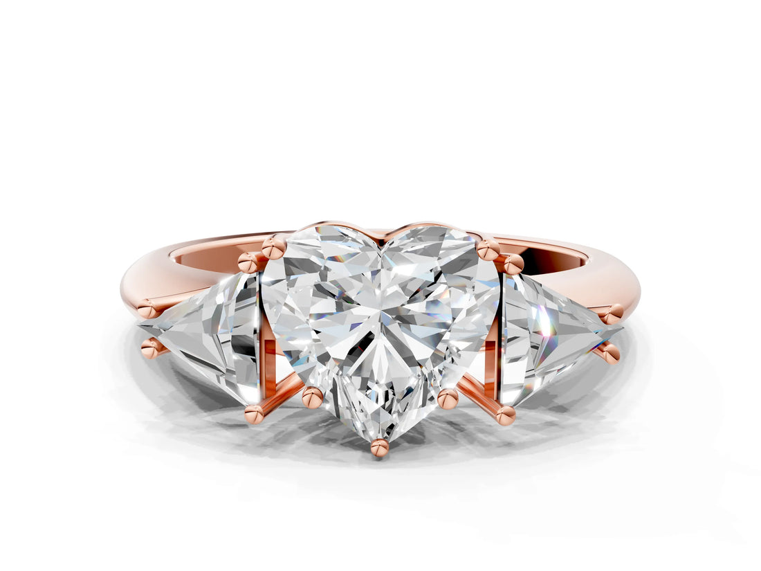 Rose gold Three-Stone Heart Cut Cut Diamond Ring with Trillion Side Stones and Four-Prong Setting_3