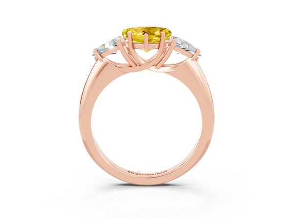 Rose gold Three-Stone Heart Cut Yellow Sapphire Engagement Ring with Trillion Side Stones and Prong Setting
