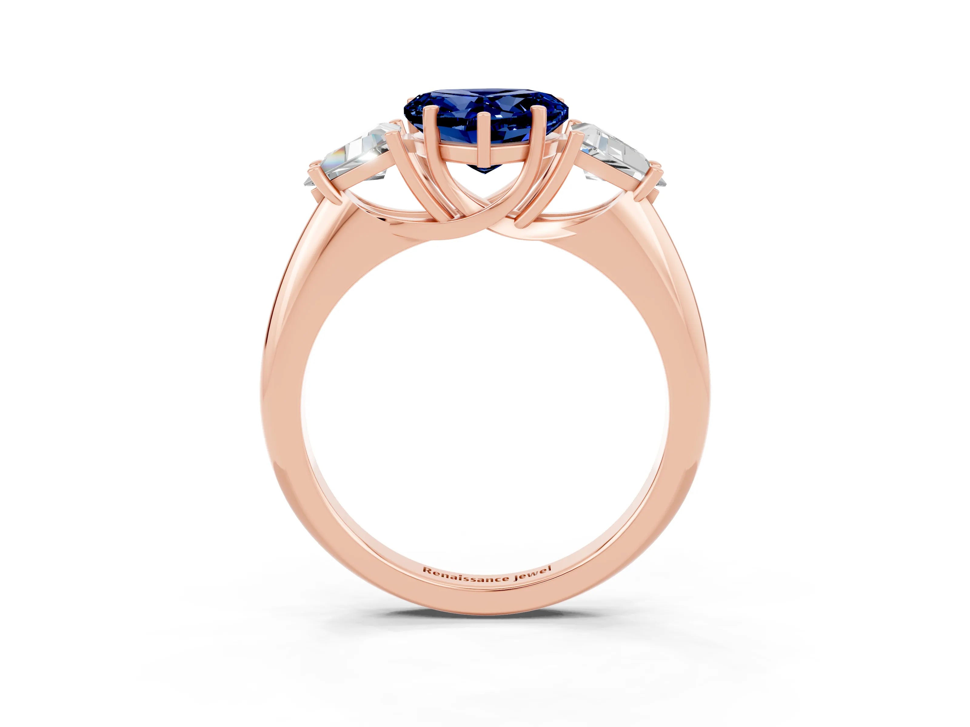 Rose gold Three-Stone Heart Cut Cut Diamond Ring with Trillion Side Stones and Four-Prong Setting_3