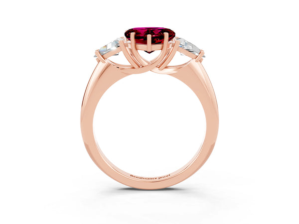 Rose gold Three-Stone Heart Cut Garnet Engagement Ring with Trillion Side Stones and Prong Setting