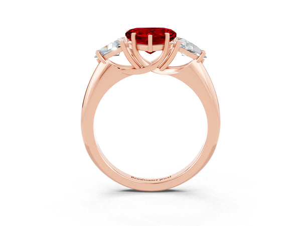 Rose gold Three-Stone Heart Cut Cut Diamond Ring with Trillion Side Stones and Four-Prong Setting