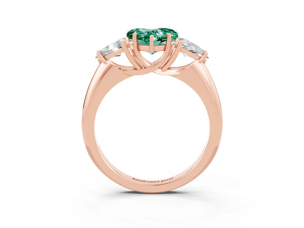 Rose gold Three-Stone Heart Cut Green Sapphire Engagement Ring with Trillion Side Stones and Prong Setting
