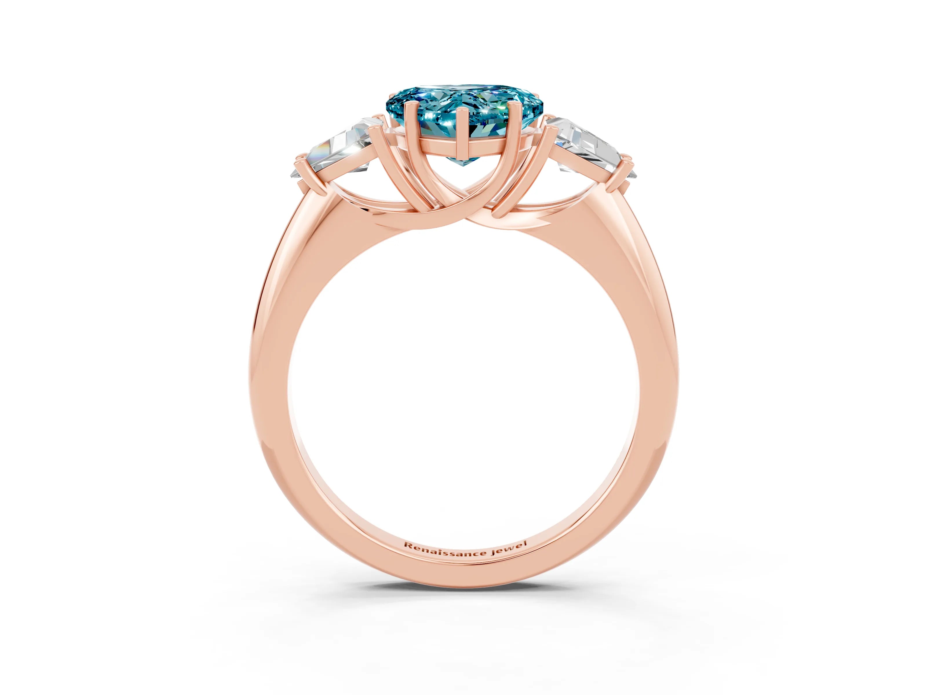 Rose gold Three-Stone Heart Cut Cut Diamond Ring with Trillion Side Stones and Four-Prong Setting_3