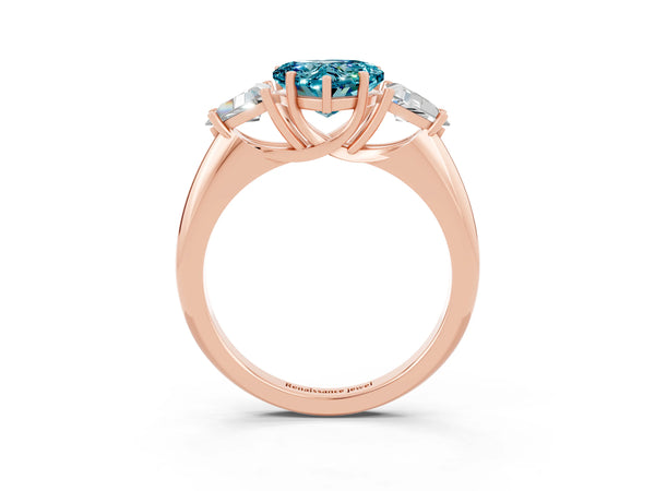 Rose gold Three-Stone Heart Cut Cut Diamond Ring with Trillion Side Stones and Four-Prong Setting