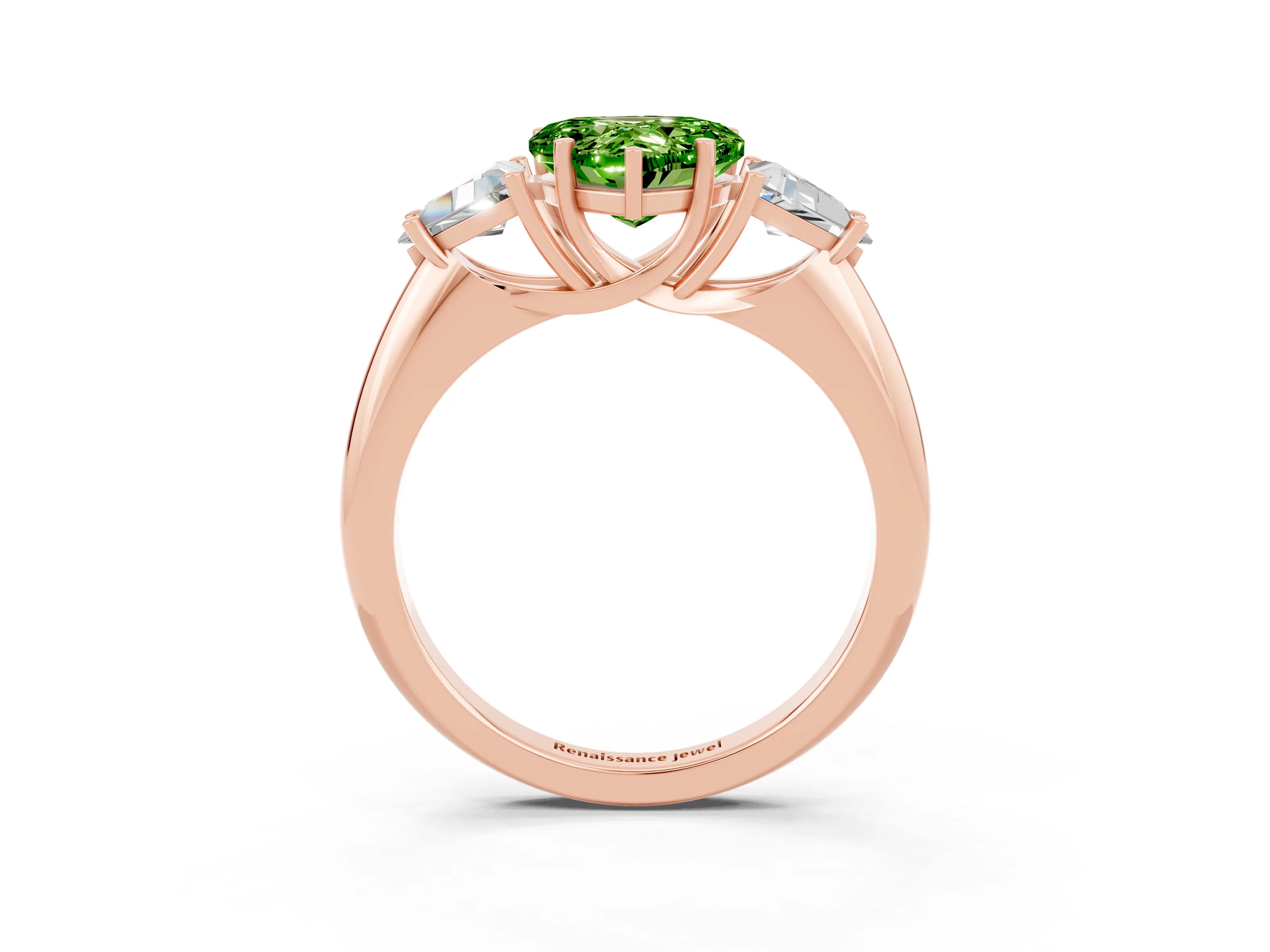 Rose gold Three-Stone Heart Cut Cut Diamond Ring with Trillion Side Stones and Four-Prong Setting_3